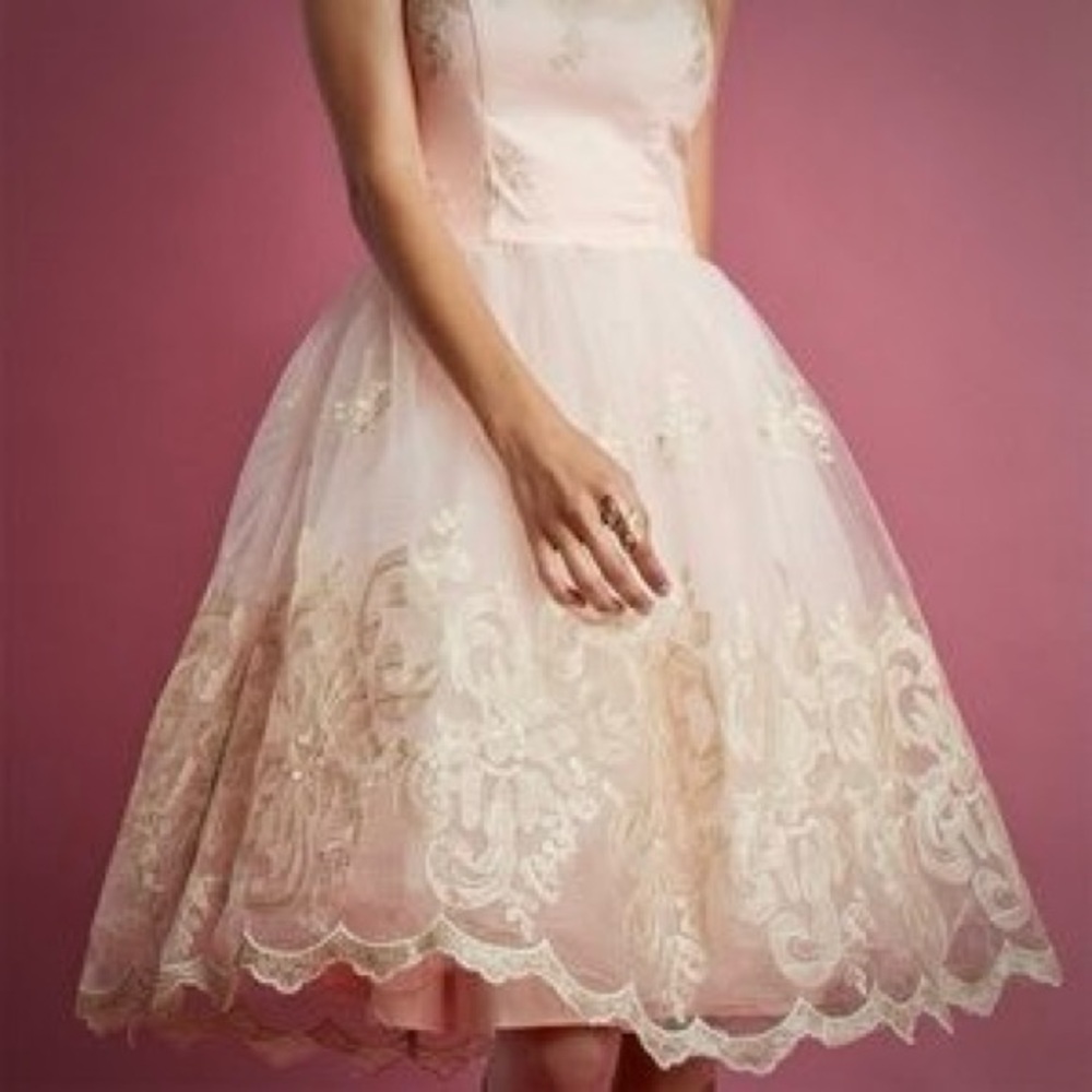 Chi Chi London Gold Sheer Lace Lined Formal Wedding Prom Party Dress